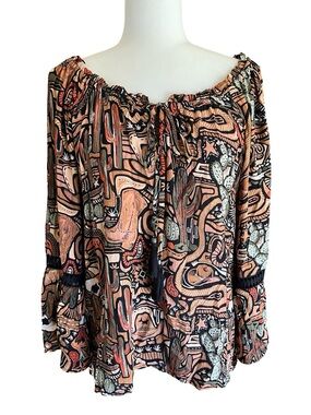 Bohemian Cowgirl Cactus Western Blouse Lace Trim Bell Sleeve Top Desert Kitschy